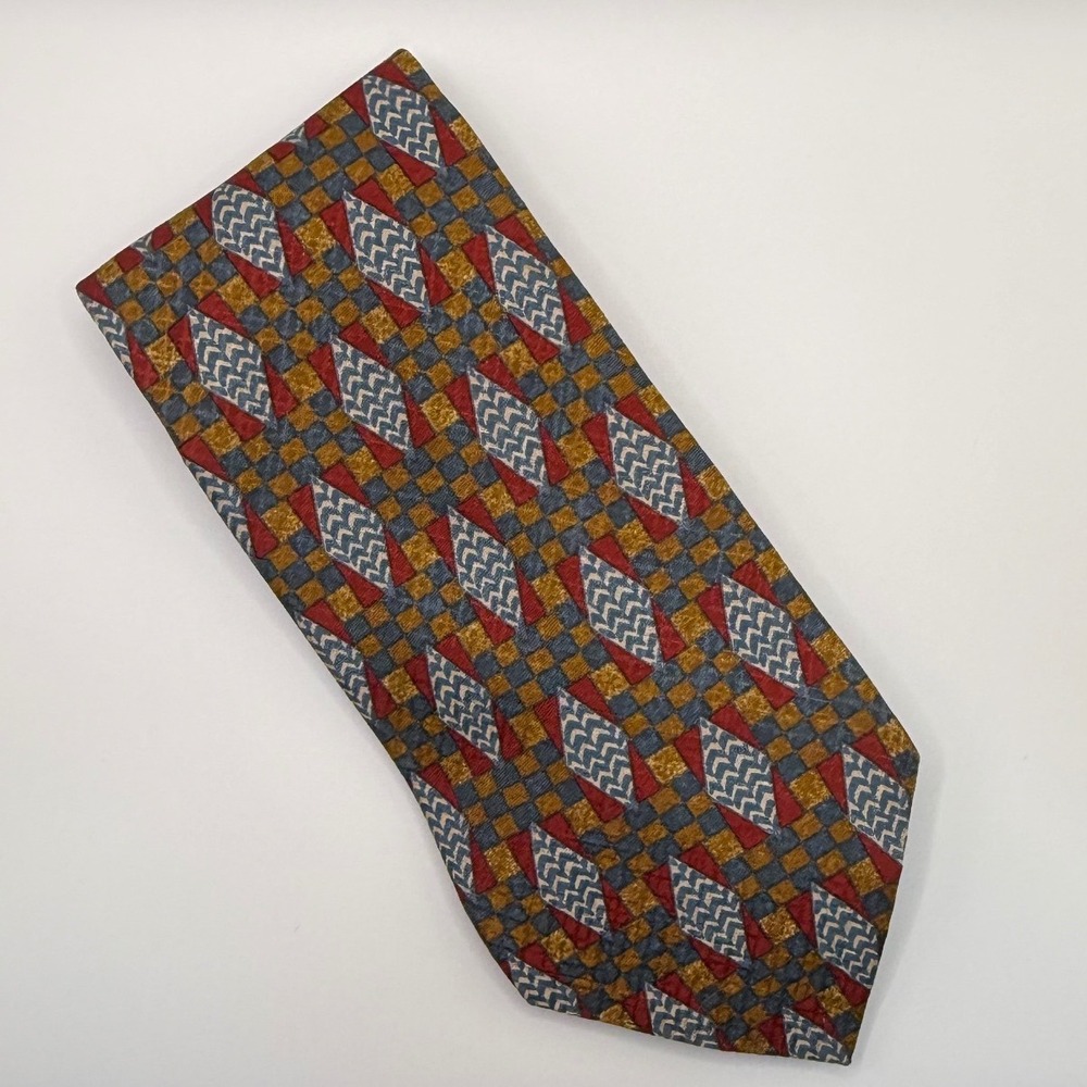 Biella Silk Tie OS Geometric Checkered Diamond Red Gold Blue Italian Handmade